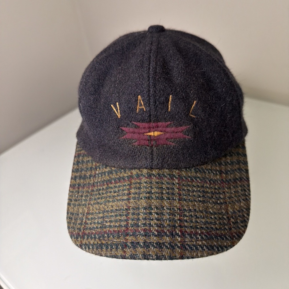 Vintage Vail Colorado Wool Strapback Hat Cap Plaid Made In USA CO *See Info* Ski